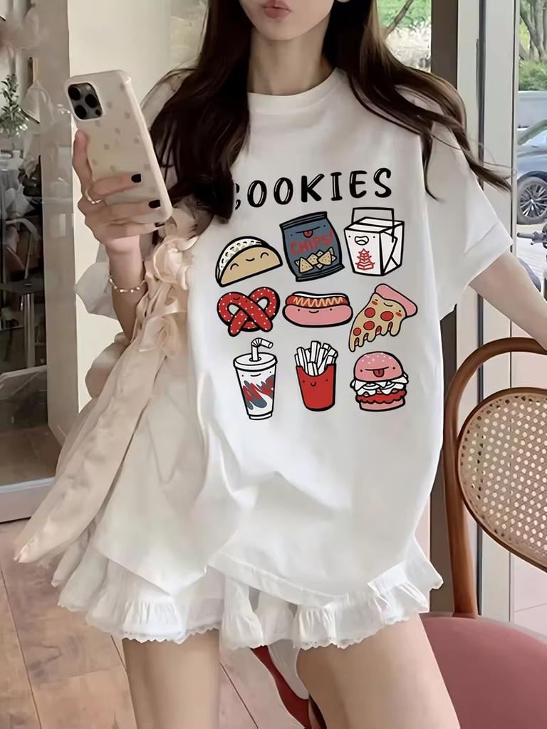 Unisex Cartoon Food Graphic Tshirt Cute Cheese Cat Fast Food Print Crewneck Short Sleeve Casual Loose Streetwear Summer Tee Top