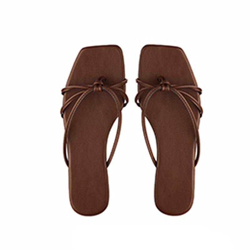 Lambskin~ Retro thin strap thick heel slippers women's summer wear simple beach pinch herringbone cool slippers