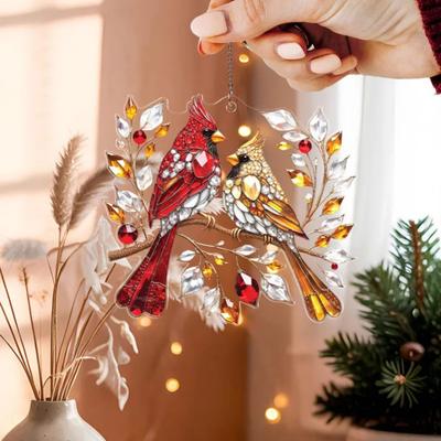 Red Bird Suncatcher Stained Glass Bird Couple Window Wall Door Hanging Ornament Memorial Gifts for Women Couples Bird Lovers