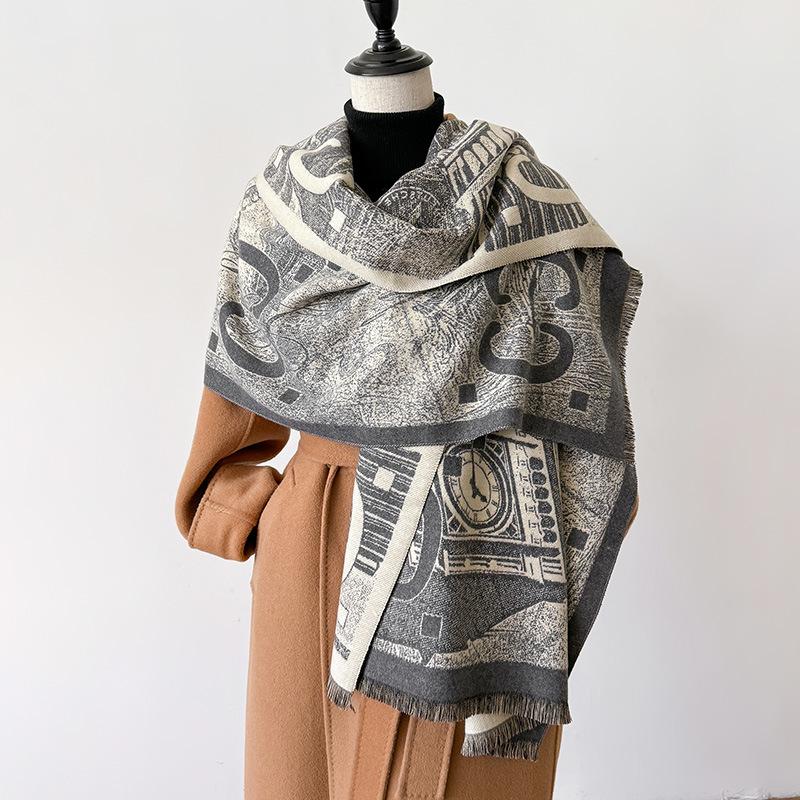 women's double-sided imitation cashmere thermal scarf retro ethnic style niche versatile scarf