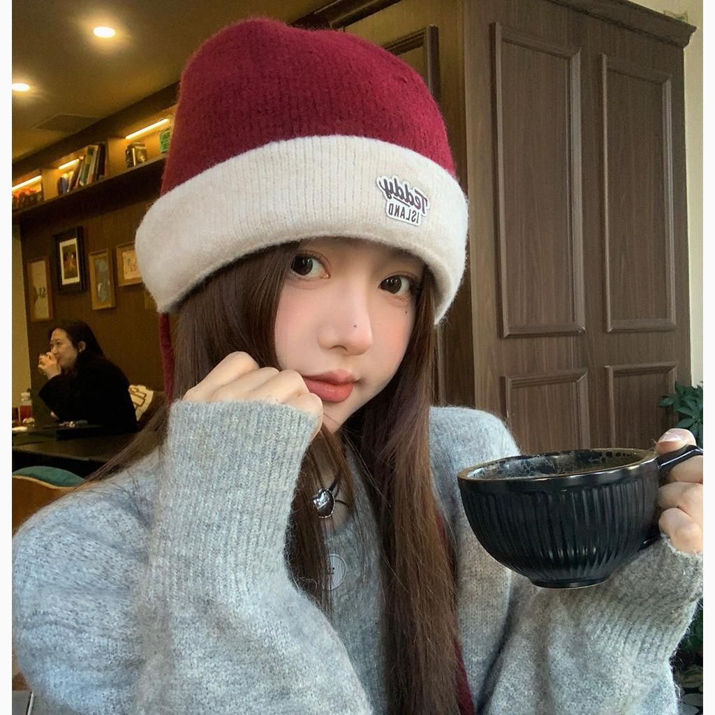 New Color-blocking Hats for Women Wearing Knitted Hats On Both Sides In Autumn and Winter Warm Wool Hats Versatile To Show Their Faces.