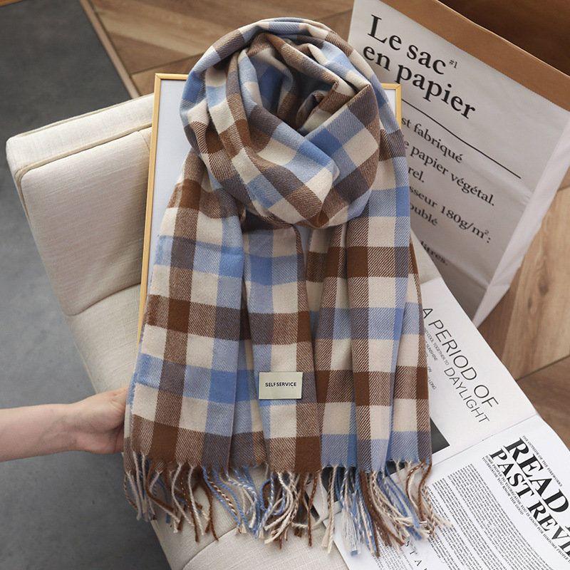 Autumn and Winter Korean Style Color Blocked Imitation Cashmere Plaid Fashionable and Versatile Thickened and Warm Student Shawl