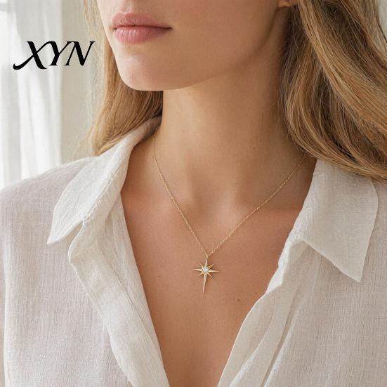 Elegant Star Charm Mini Eight-Pointed Necklace for Women, Rhinestone Pendant Necklace, Chain Statement Jewelry Gift Her Zircon