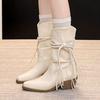 White Martin Boots Women's Pointed Tassel Piled Boots Thick Heel Short Boots Medium Boots Prairie Summer Huge Good-looking Boots