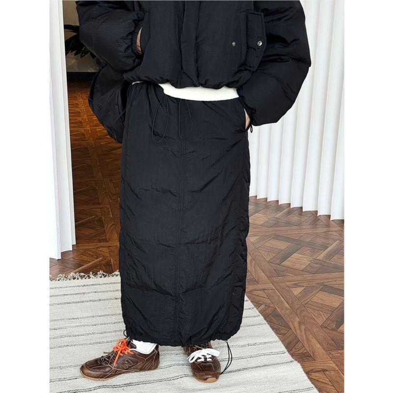 Johnature Winter Korean Skirts Women Casual Versatile Loose Warm Simple Cotton Slits Elastic Waist Skirt
