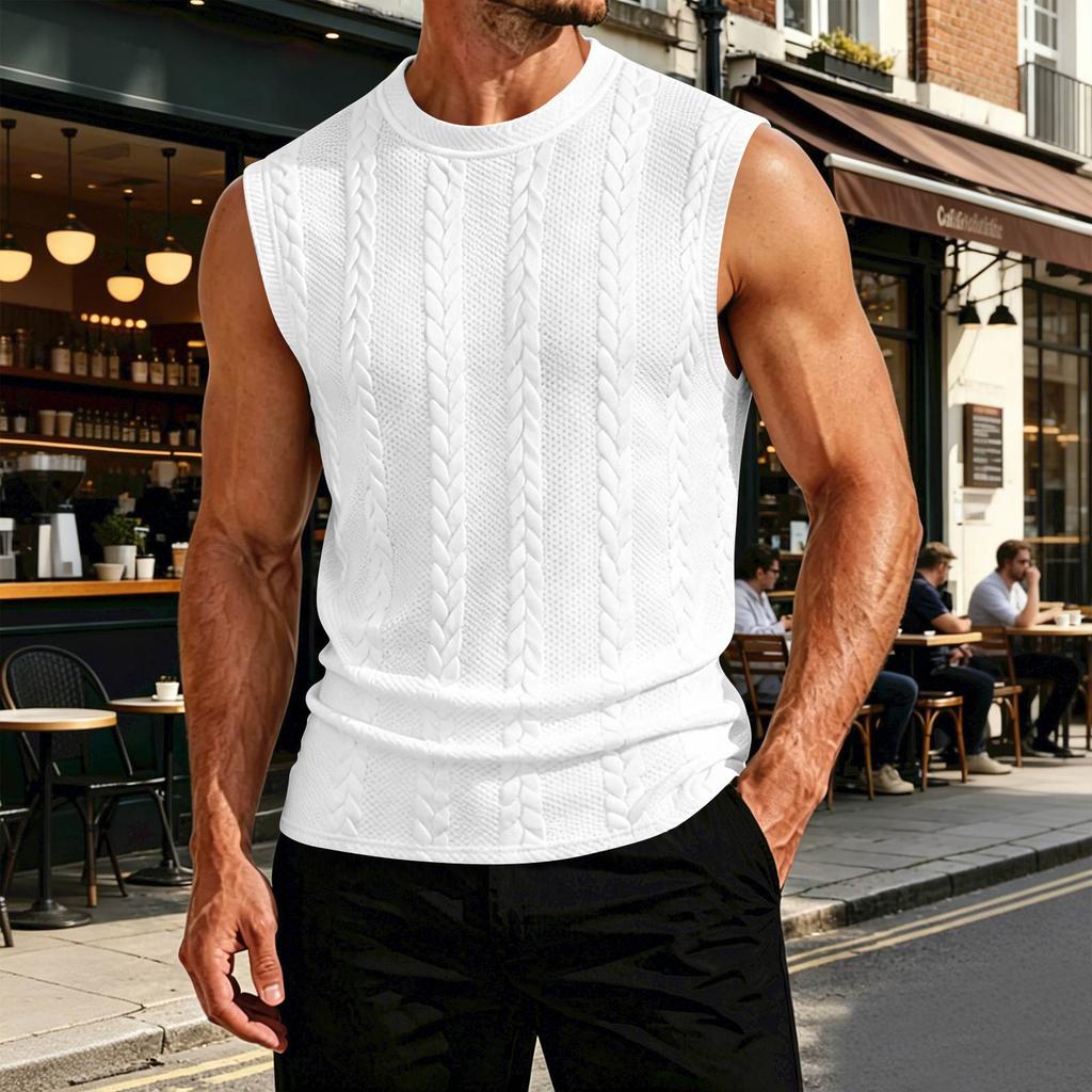 Men Sleeveless Vest Cable Knit Pattern Round Neck Pullover Sweater Lightweight Summer Spring Casual Knitwear