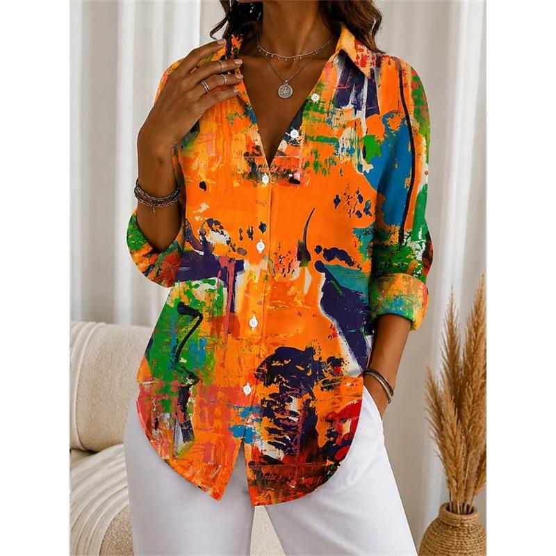 New Fall Women's Long-Sleeve Shirt Blue and White Tie-Dye Print Collared Long Sleeves A Stylish Women's Button-Down Shirt