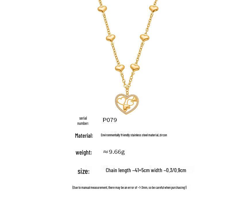 Qiong Yao 5A Zircon Heart Pendant Necklace with Diamond Accents, 18K Gold-Plated Stainless Steel.