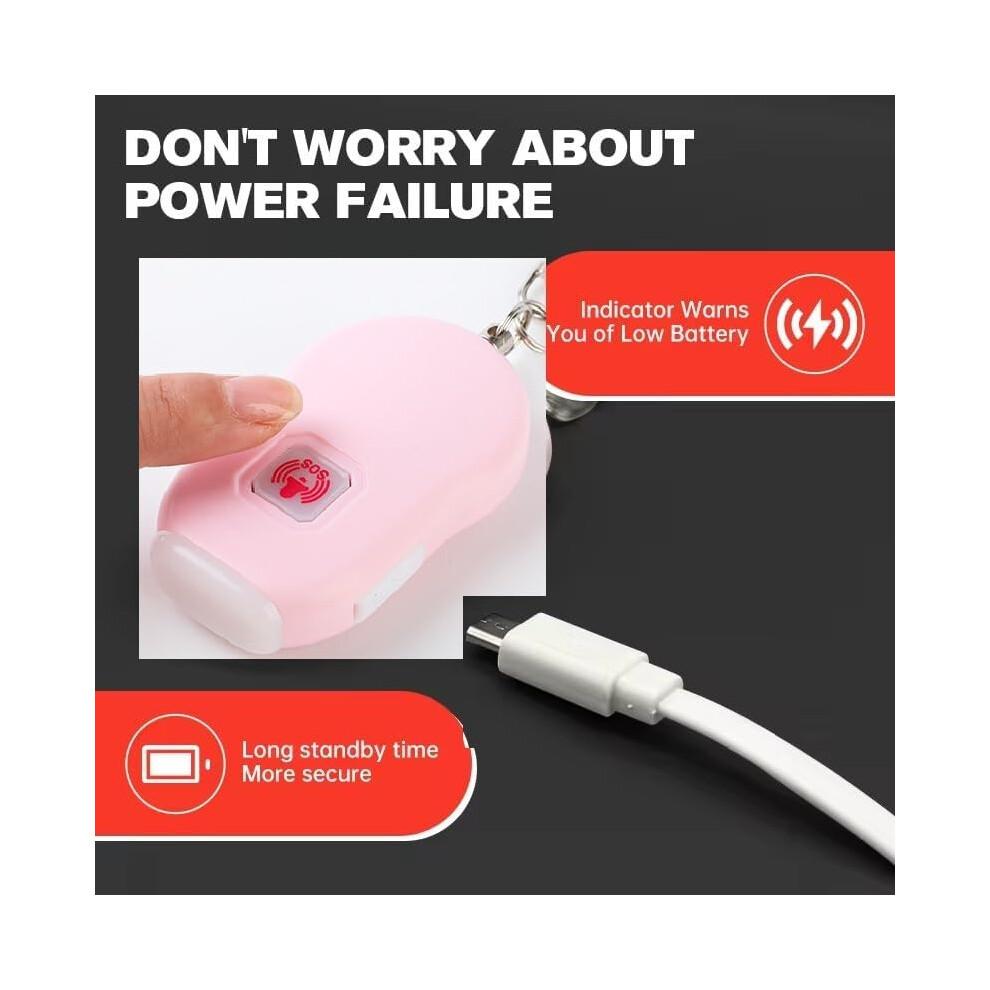 130dB Rechargeable  Safety Alarm Keychain with LED Light for Women Kids Elderly, 2 Pack White Pink
