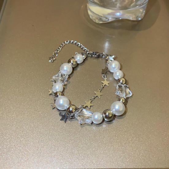 Yousheng Lucky Star Faux Pearls Bracelet Women Double Layer Bracelet Adjustable Extension Chain Wristband Jewelry Gift