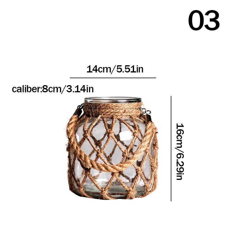 Hand Glass Vase Dry Flower Decor Woven Hemp Rope Vase Art Retro Hydroponics Vase Transparent Living Room Decor Table Ornament