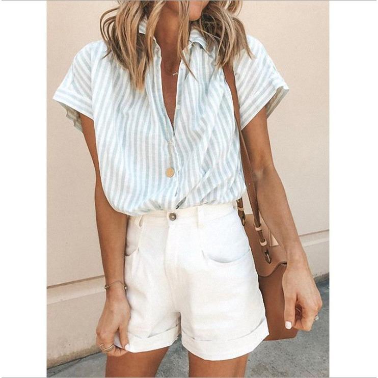 

Short-sleeved Lapel Vertical-striped Cardigan Loose Striped Women’s Blouses & Shirts XXL светло-синий
