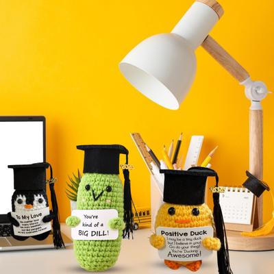 Abschluss 2025 Häkelpuppe Handgefertigt mit Abschlussgurke Gemüse Mütze Positiv Gehäkelt