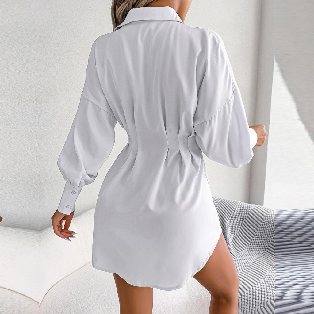 Kvinners høst-vinter jakkeslag Hals ensfarget lanternearm høy midje asymmetrisk kjole skjortekjole