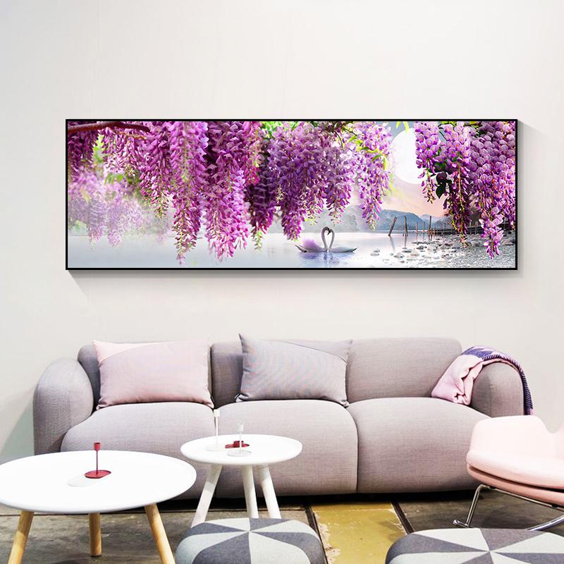 Purple Flower Tree Swan Lake Landscape Picture Scandinavian Scenery Nature Canvas Wall Art Print Painting Nordic Decoation