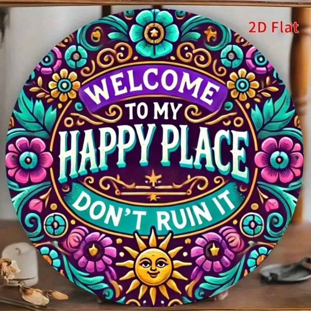 Happy Place 7.8 Inch Round Metal Wall Art Floral Sun Face Boho Home Office Decor
