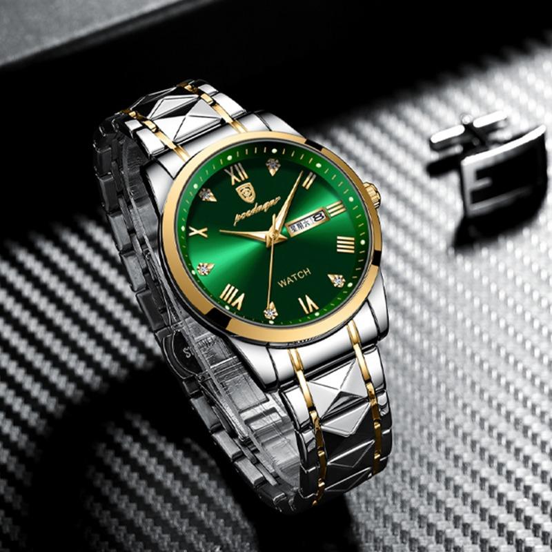 POEDAGAR Top-Marke Luxus Mode Grüne Zifferblatt Uhr Herren Wasserdicht Leuchtend Wochentag Datum Uhr Sportuhren Quarz Armbanduhr