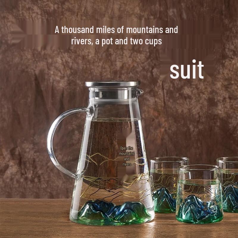 Light Luxury Mountain View Glass Tea Set Qianli Jiangshan Set (1 Pot, 2 Cups)