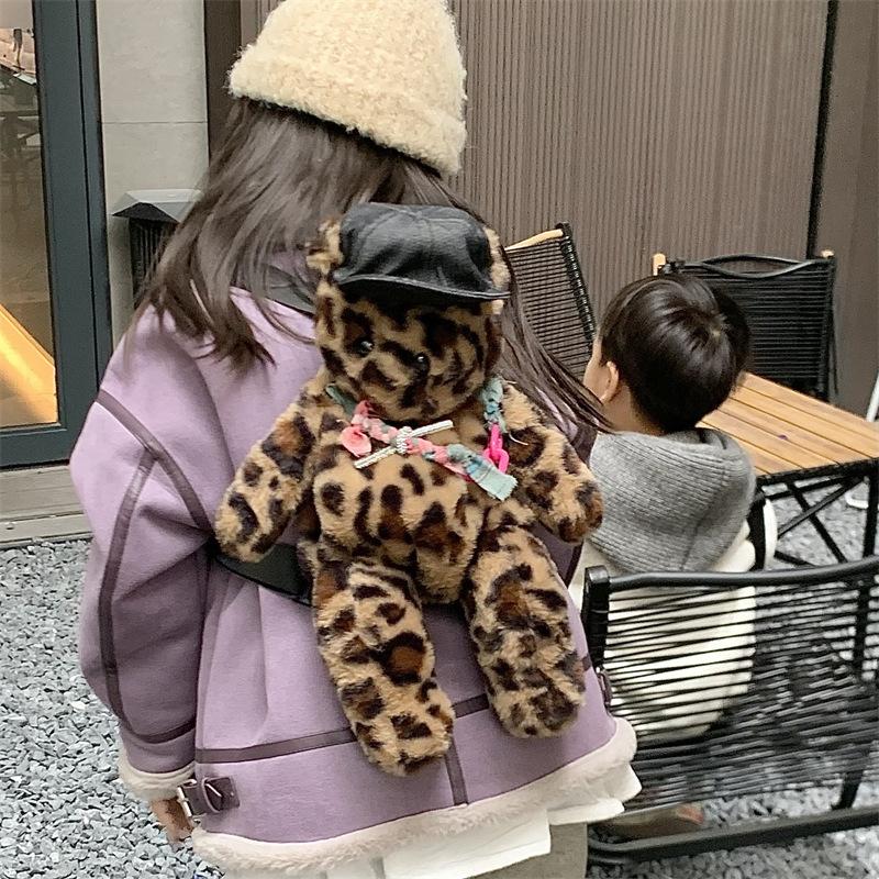 Leopard Plush Adorable Print Backpack For Kids With Sweet Bear Design Perfect School For