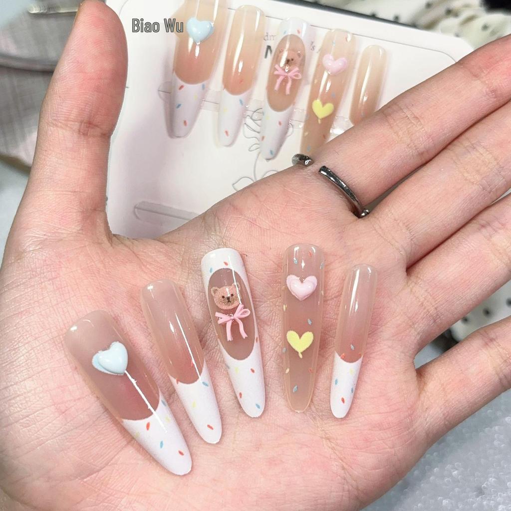 2026 French 3D Little Bear Heart Nails - Cute Girly Dot Design