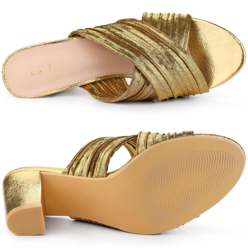 Allegra K Women's Slouch Slip-On Block Heel Slide Sandals, Gold, Size 25.5cm