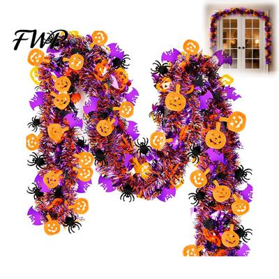 Decorative Plastic Halloween Vines 78 Inch Tinsel Garland, Shiny Metallic Twist Garland with Orange Pumpkin Indoor Outdoor Spooky Party Supplies Black