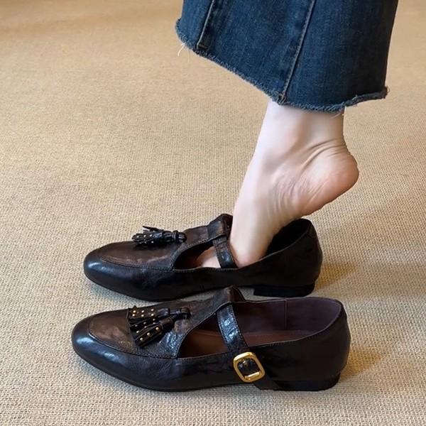 Sheepskin version~ Genuine leather literary and artistic flat bottom fringed round head rivets shallow mouth single shoes women's versatile co