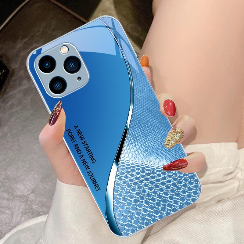 Black Tempered Glass Phone Case For IPhone 15 Pro 14 13 12 Mini 11 XS Max XR 7 8 Plu SE 2020 2022 Mesh Curve Texture Orange