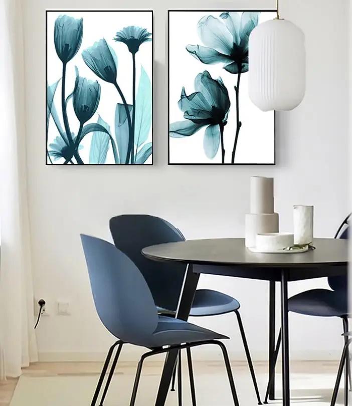 Nordic Canvas Painting Flowers Poster Blue Floral Wall Art Print for Vintage Living Room Decorative Wall Pictures