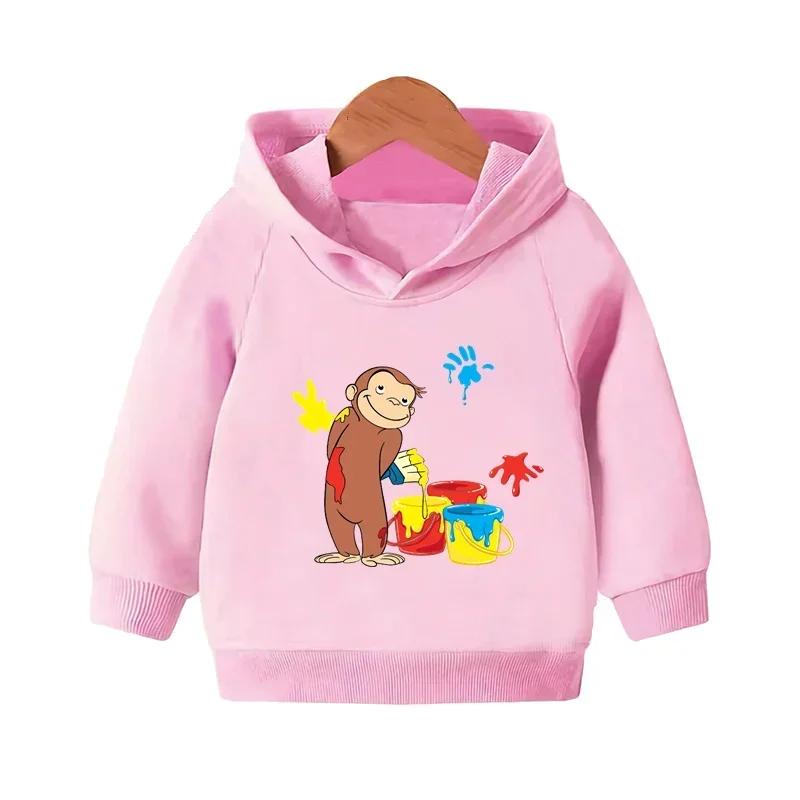 Curious George Cute Monkey Print Funny Kids Hooded Hoodies Girls Clothes Children Sweatshirts Autumn Baby Pullover Tops