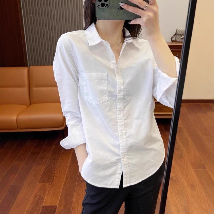 Women's Pure Cotton White Long Sleeve Casual Shirt - Loose Fit for Spring and Autumn