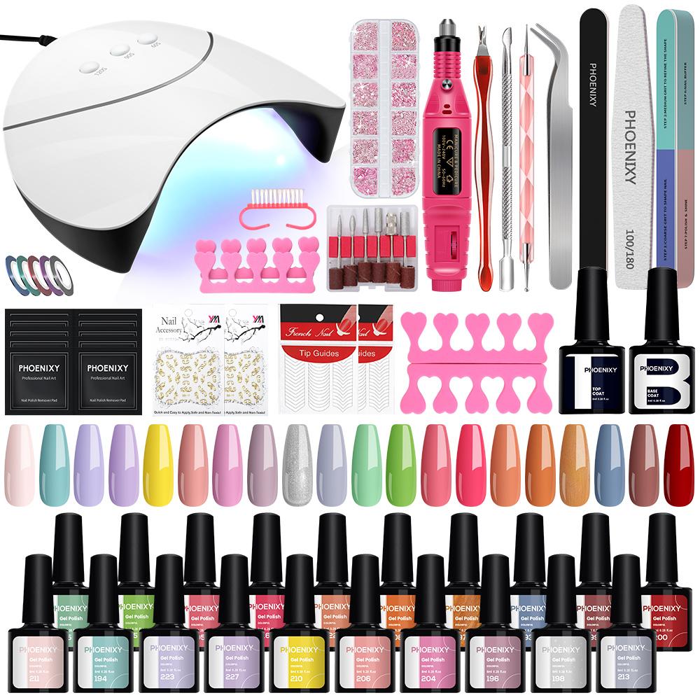 PHOENIXY 8ml Gel Nail Polish Gel Varnish Kit with 36W Nail Lamp Nail Drill Machine Manicure Set Soak-off Base Top Coat Gel Nail Starter Kit