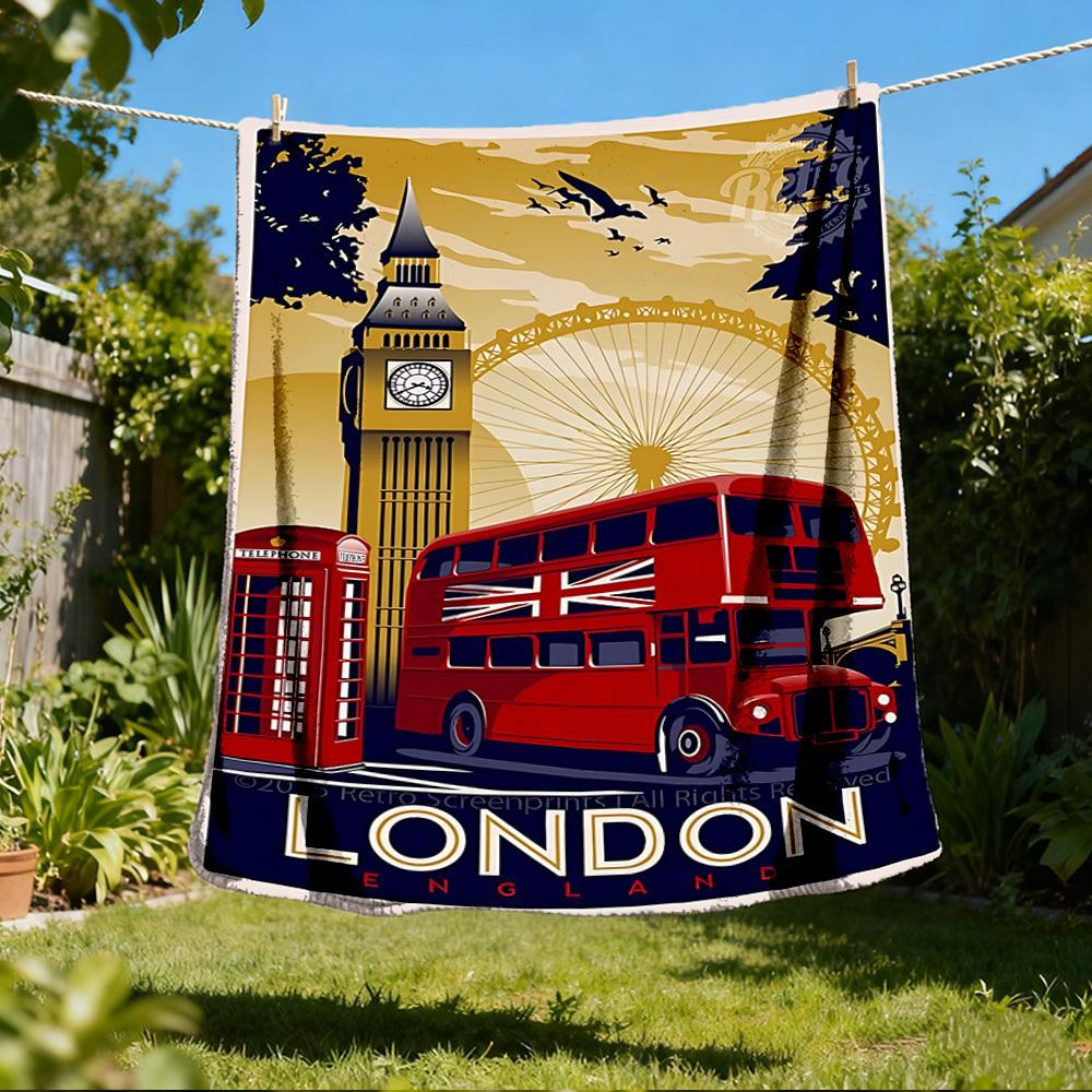 1 Stück London Bus, Big Ben Outdoor Flanelldecke Weiche Ganzjahres Polyesterdecke, Perfekt für Picknicks & Reisen, Picknickzubehör