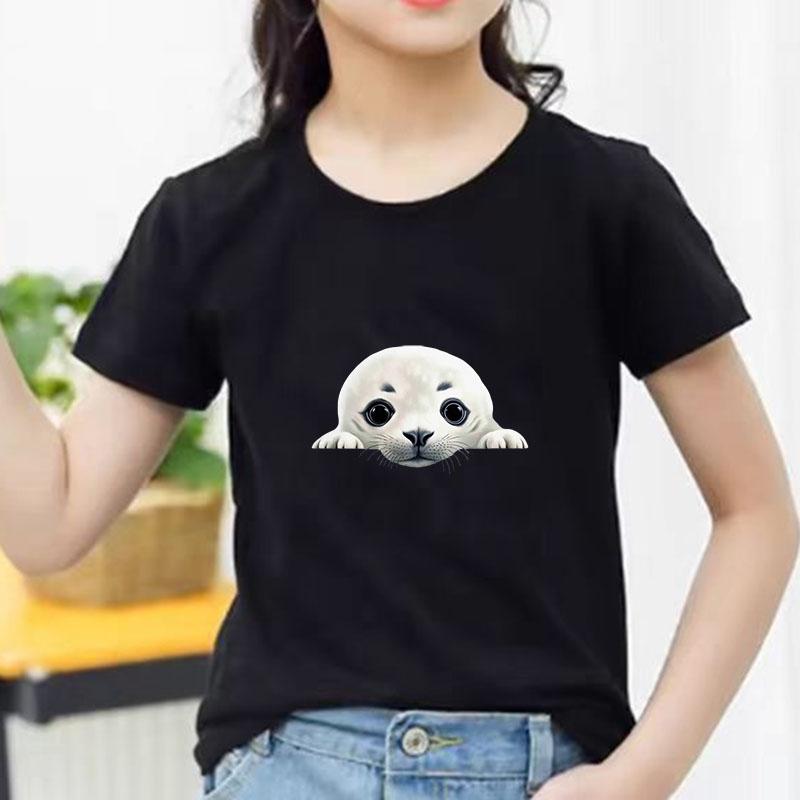 Kids Cotton T Shirt Cute Peeking Seal Print Crew Neck Short Sleeve Tee Casual Breathable Boys Girls Summer Tops