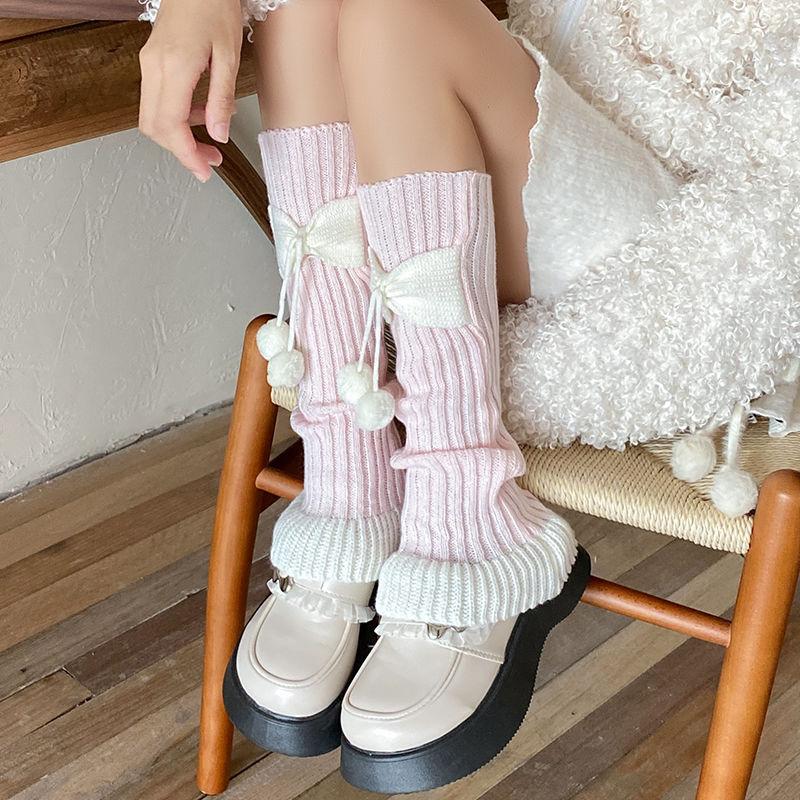 Pompon Gestrickte Stulpen Herbst Winter Verdickt Warm Neujahr Schleife Stulpen Colorblocking Weihnachts-Stil Japanische JK Slouchy Socken