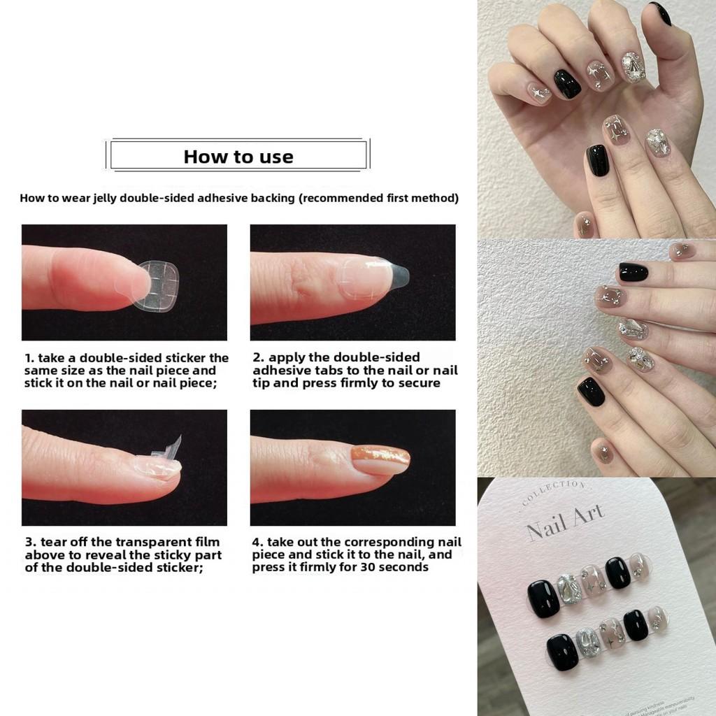 Womens Artificial Nail Tips With Black Glitter Water Diamoans And Star Details For Casual Student And Party Wear