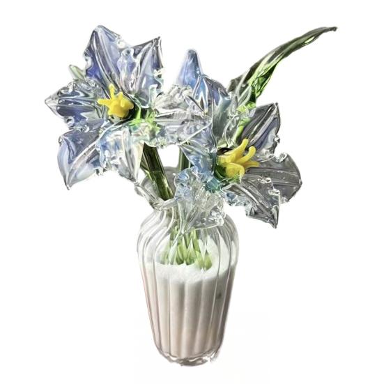 Mini Glass Flower Figurine Hand Blown Small Faux Crystal Carnation/Lily/Peony Flower Bouquet In Vase for Mother's Day Birthday Table Centerpiece
