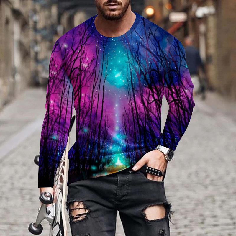 Spring and Autumn Round Neck 3D Scenic Moonlit Forest Pattern Printed Top Fashionable Casual Long Sleeved Men's T-shirts