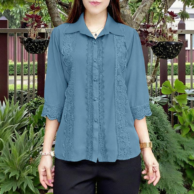 

ZANZEA Жіноча блузка з відкладним коміром, рукавом 3/4 та мереживною вставкою 5XL синій