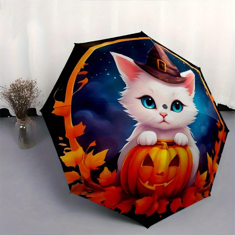 1pc Halloween Cute White Cat Pumpkin Automatic Opening and Closing Folding - A Good Choice for Gifts, Fashionable and Convenient Umbrella With Cu