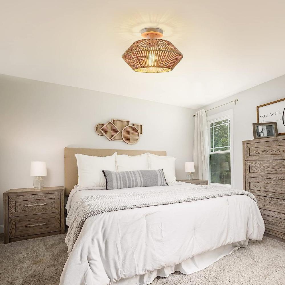 Led Rattan Ceiling Light Chinese Style Lampshade Hemp Rope Design Ceiling Light Fixture for Home Living Room Decorative Lighting
