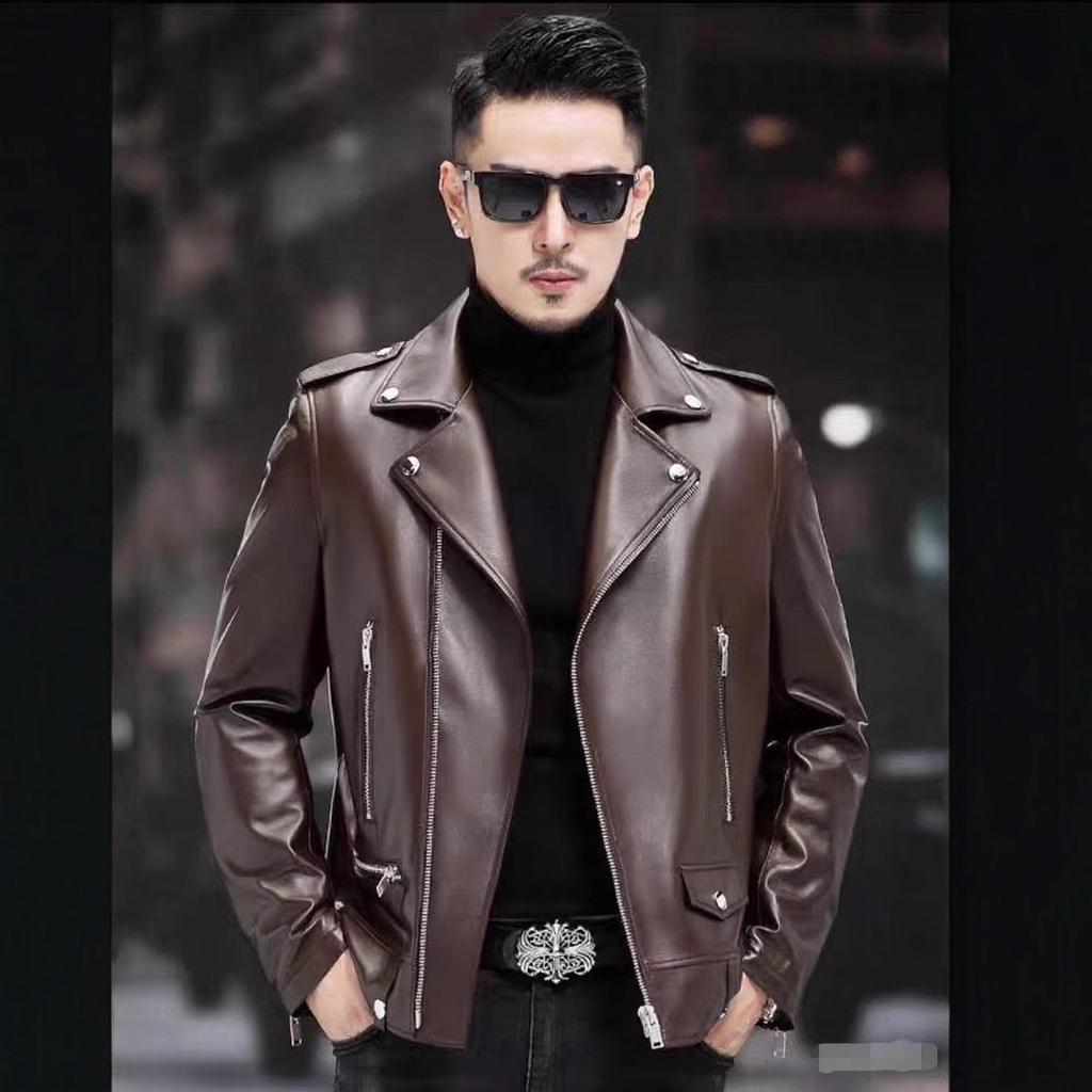 Leather jacket top-layer cowhide jacket, trendy men's fashionable biker fur jacket, urban men's short jacket