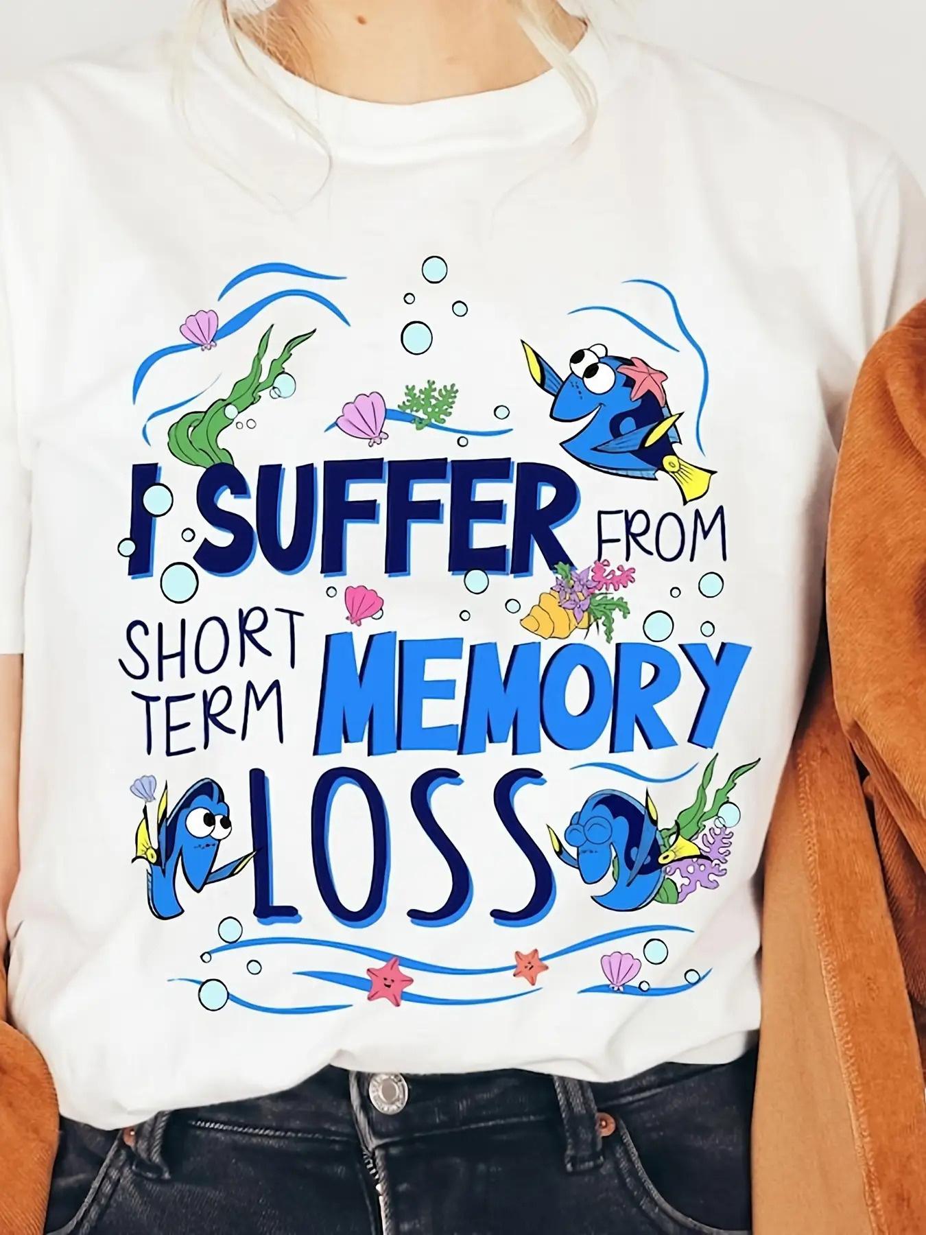 

European size Women s White Short Sleeve T-Shirt- Fun Dory Fish Decorative Text, Anime Theme Pattern Print, Pure Round Neck Regular Fit S белый