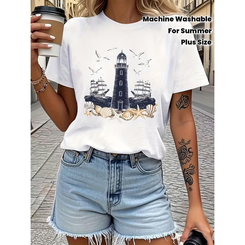 Plus Size Women s Nautical T-Shirt - Vintage Sailing Ship, Seagull & Print Short Sleeve Crew Neck Top | Nautical Beachwear Suitable for Summer, Spring S белый