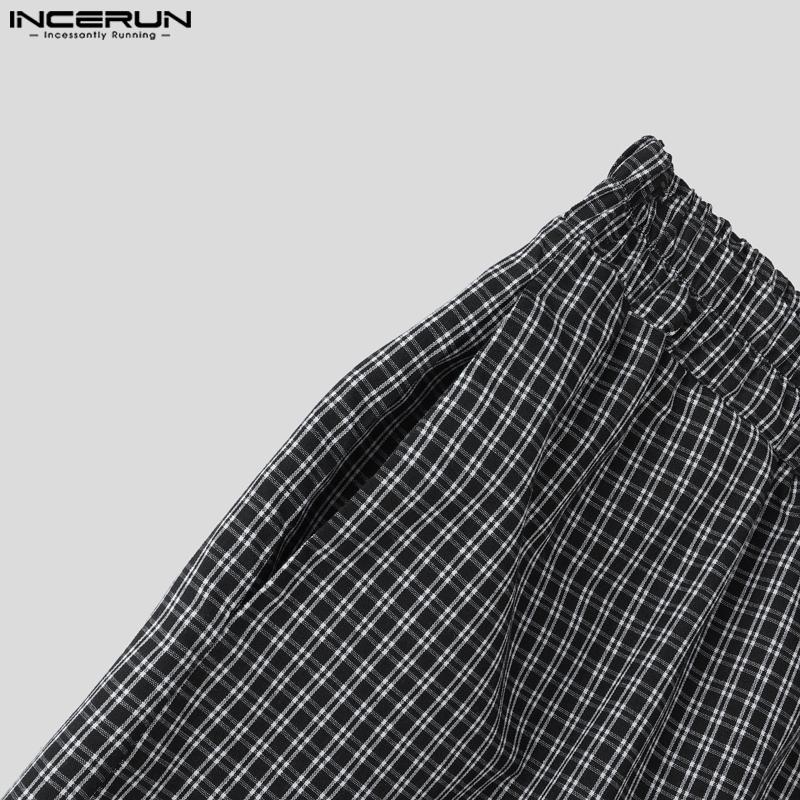 INCERUN Men Elastic Waist Plaid Print Casual Loose Wide Legs Capri Pants Shorts