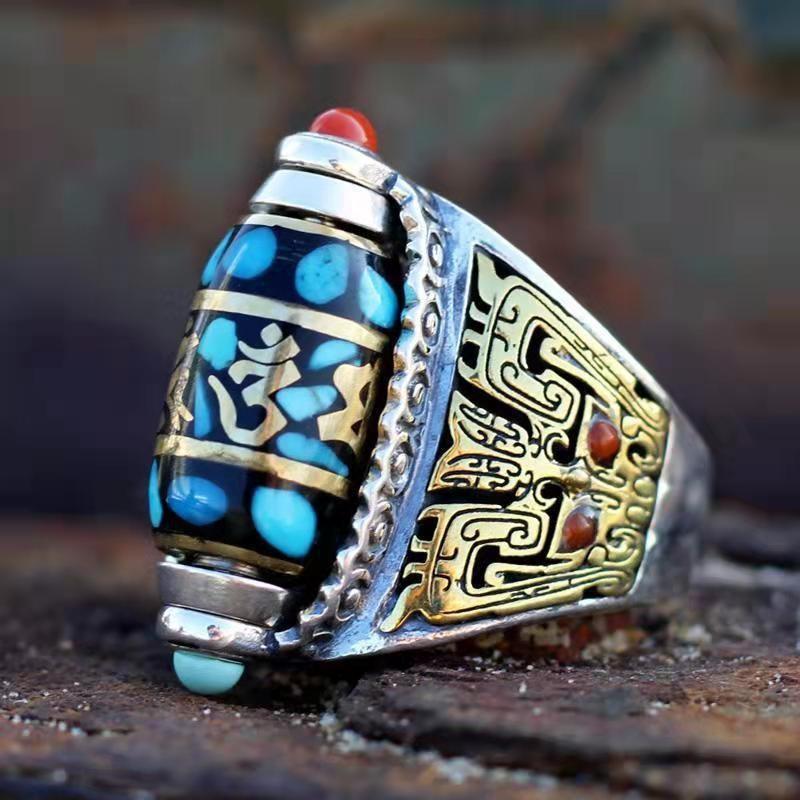 

2026 Nine-eye Dzi Bead Ring Tibetan Men s and Women s Kui Niu Dapeng Taotie Pattern Six-character Mantra Retro Index Finger Ring Resizable