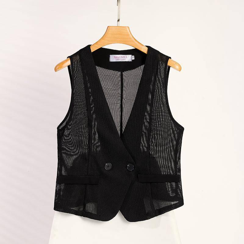 

Summer 2025 Women s Slimming V-Neck Mesh Tank Top XL чорний
