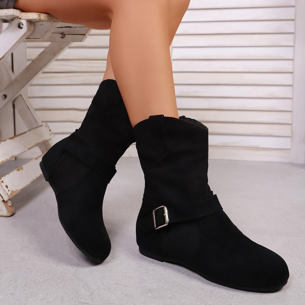 New Design Female Ankle Boots Flock Round Toe Wedges Slip On Pleated Leisure Daily Booties Women Flat Booties Botas Mujer