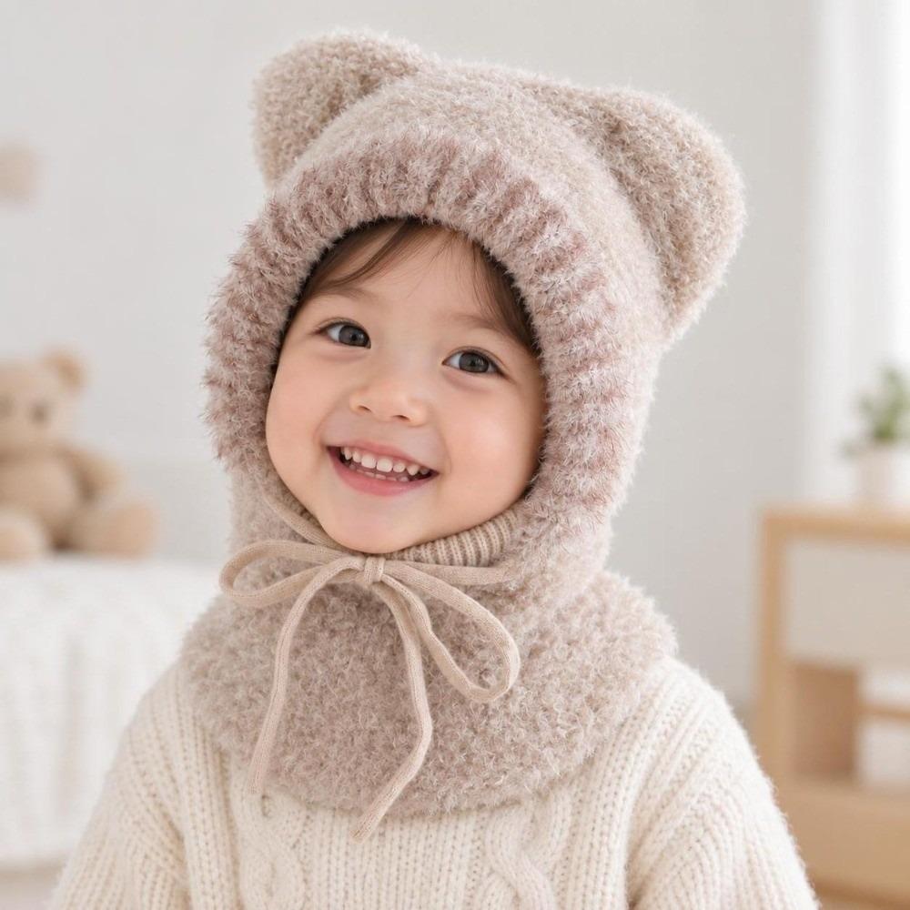 Fluffy Hooded Scarf Hat Knitted Neck Warmer Hat Dog Ear Cap Kids Winter Beanie  Skiing