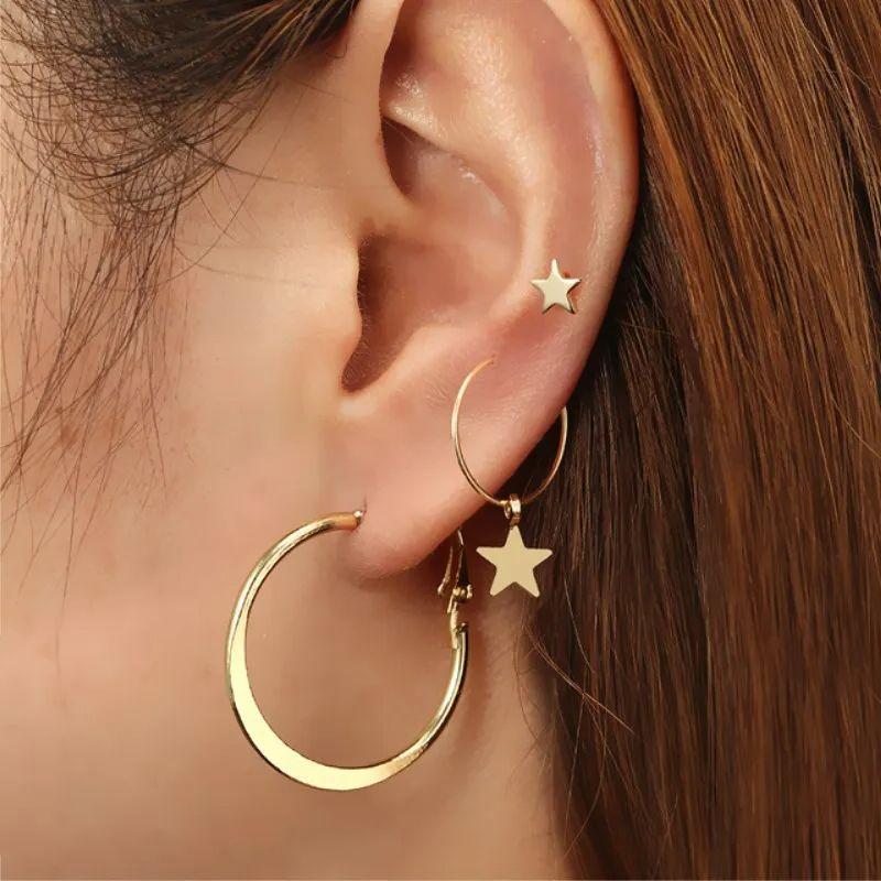 4pcs/set Trendy Circle Drop Earrings for Women Round Star Dangle Earrings Statement Punk Zircon Vintage Golden Color Girls Gift